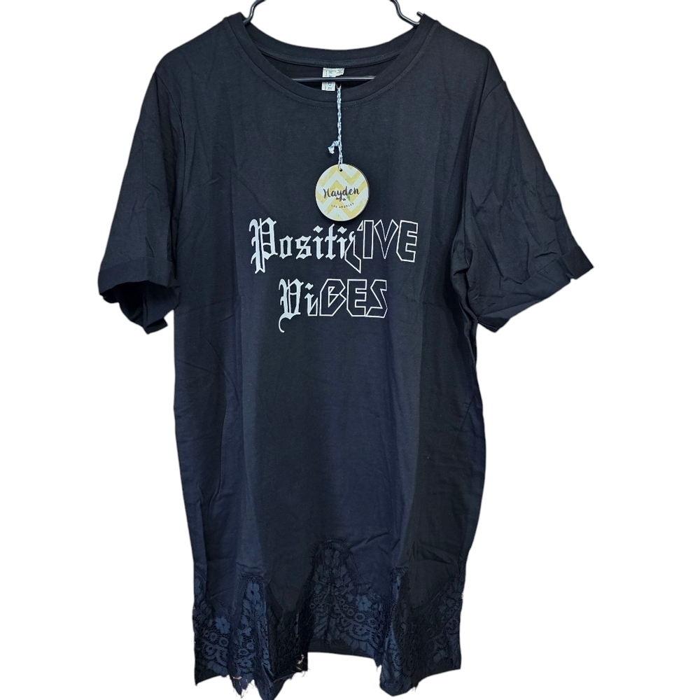 Hayden Oversized Graphic Tee Lace Detail Black Women's Large NWT